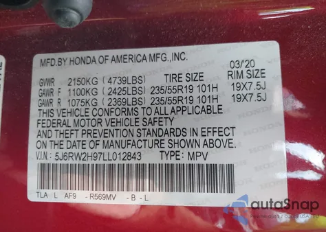 2020 Honda Cr-V Awd Touring z USA, uszkodzony, nr VIN 5J6RW2H97LL012843